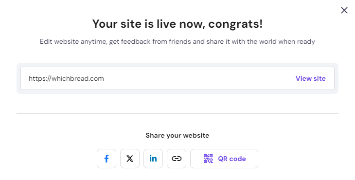 The Your site is live now, congrats! notification for a successful website launch