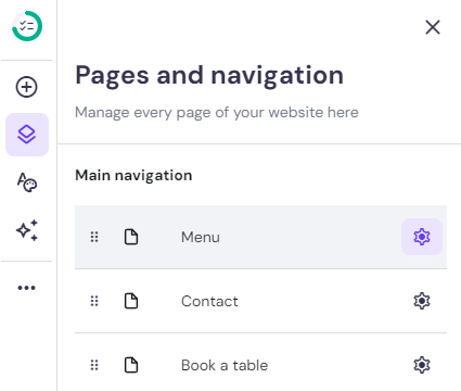 The Settings button for the Menu page under Pages and navigation section on Hostinger Website Builder