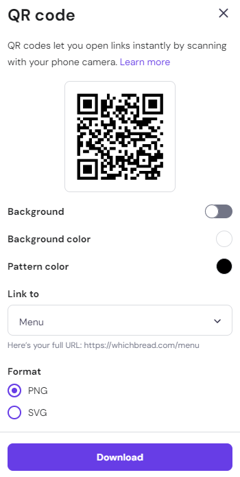 The QR code pop-up window on Hostinger Website Builder