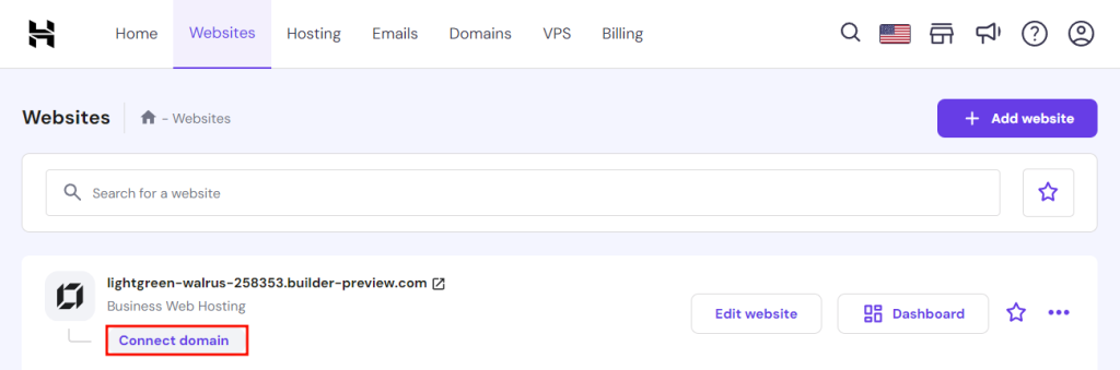The Connect domain button on hPanel's Websites tab