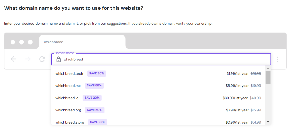 The Domain name text box for connecting a domain name on Hostinger Website Builder