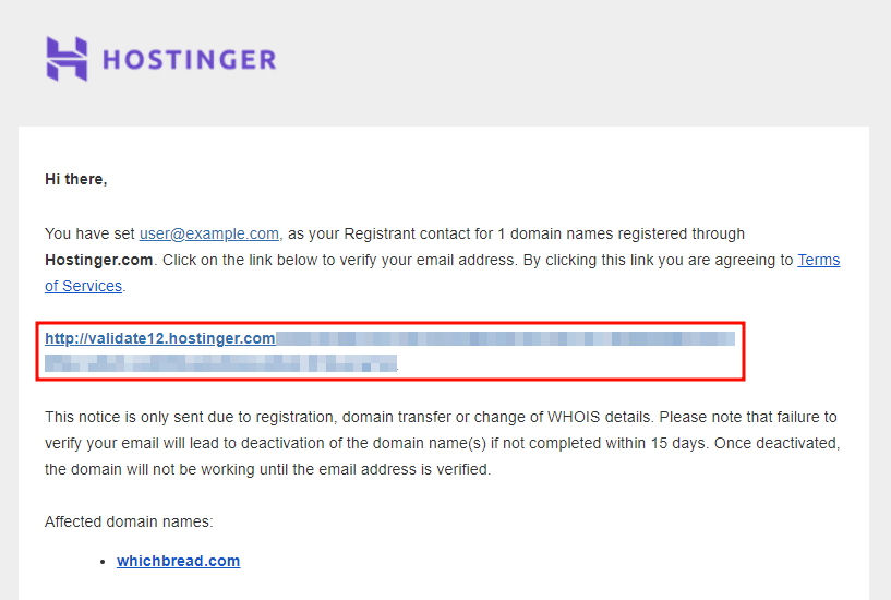 The domain name registration verification link in your email