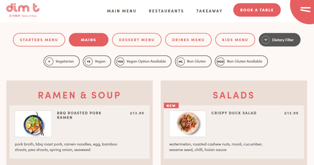 Dim T's has a Dietary Filter button on its menu page