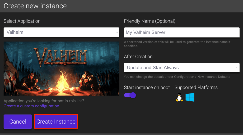 Game Panel's new instance creation window where users set Valheim as the server application and give it a friendly name
