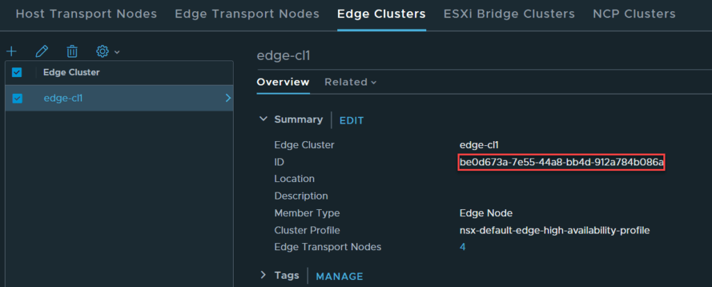 VMware NSX Edge cluster ID