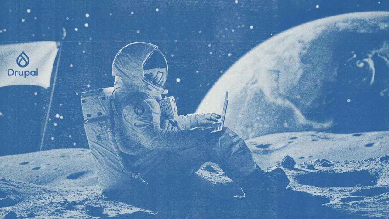 A Drupal astronaut on the moon with a laptop and a Drupal flag.