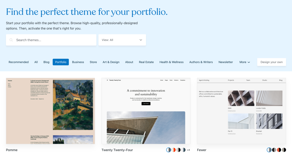 WordPress portfolio templates page