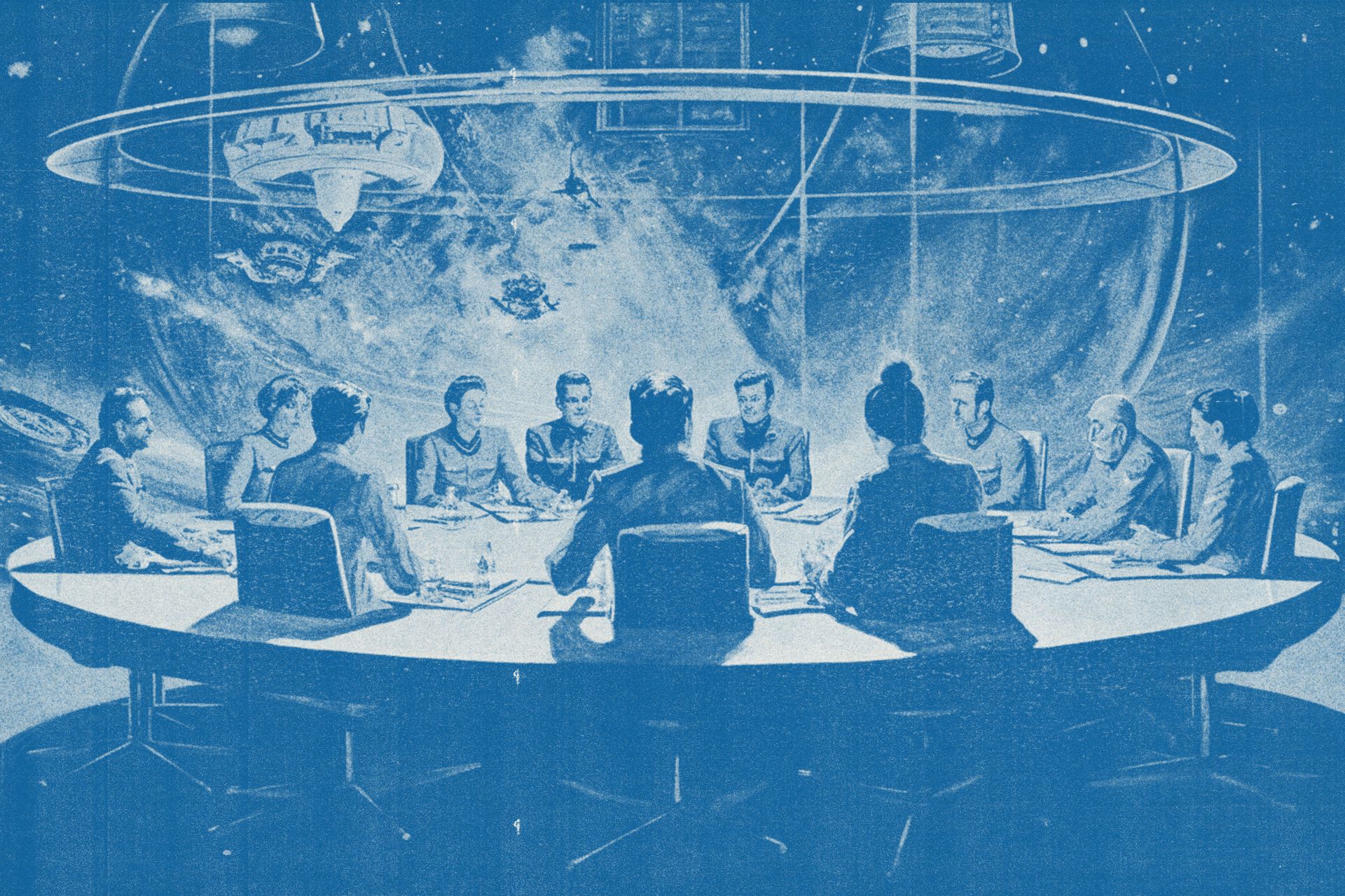 A group of people in a futuristic setting having a meeting at a round table with a space background.