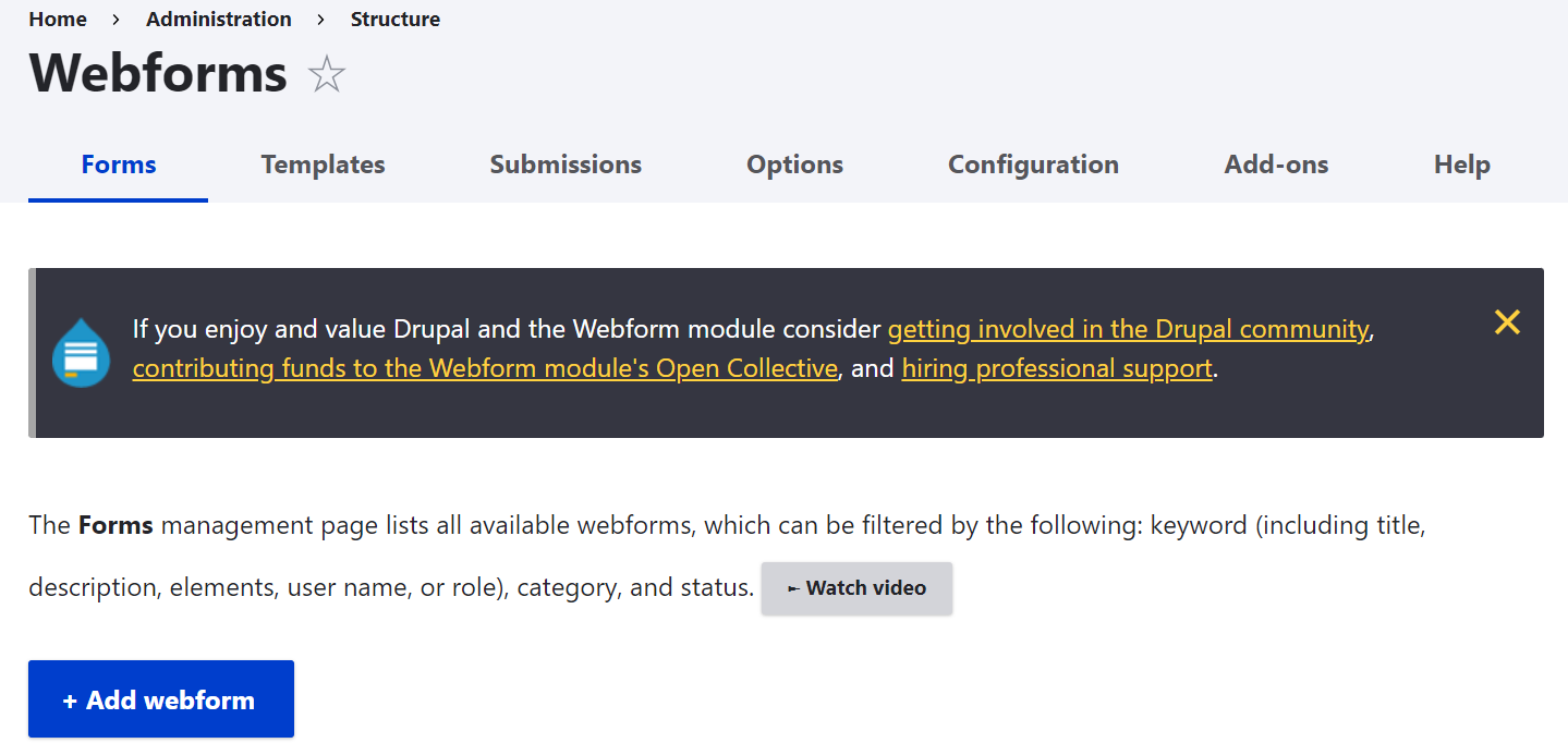 Adding a new form via the Webform module’s interface in Drupal.