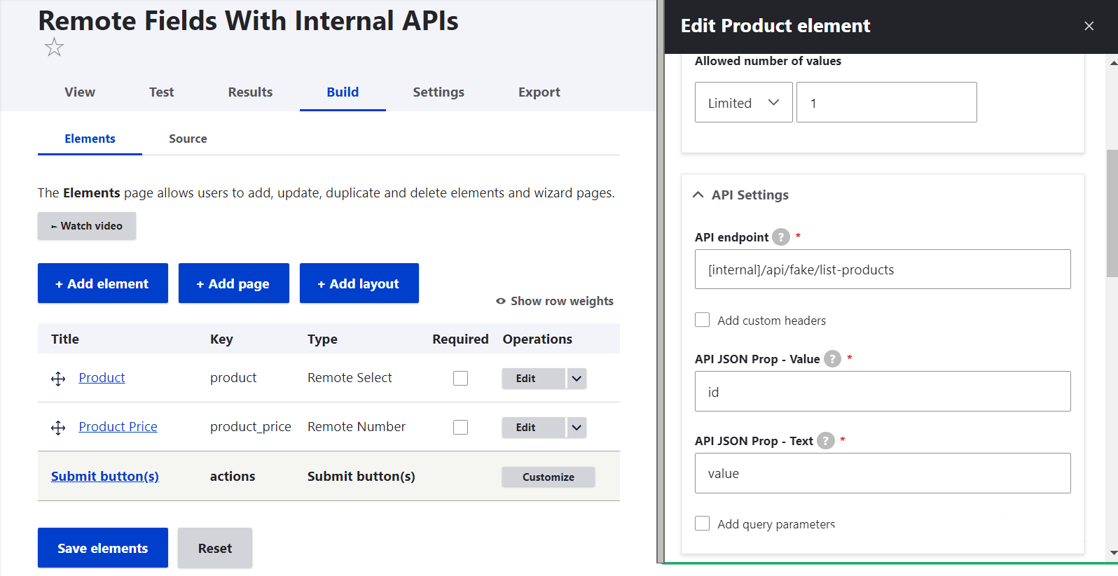 Configuring the API endpoint and JSON properties.