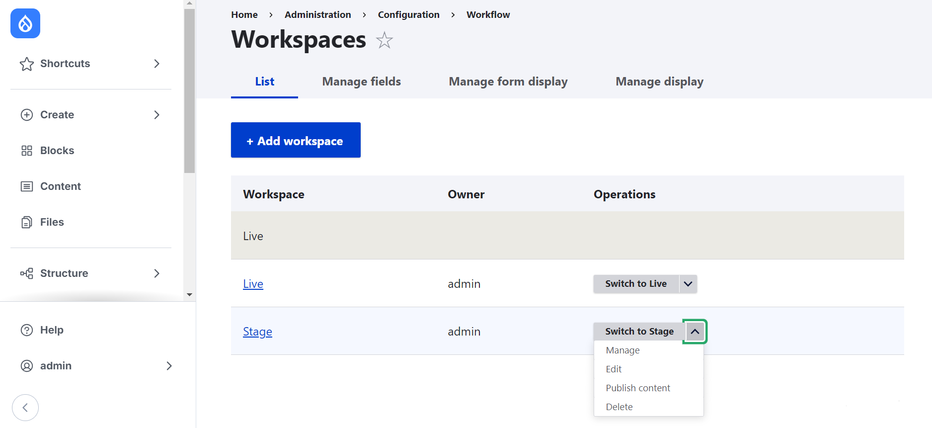 Switching to the Stage environment with the Workspaces module.