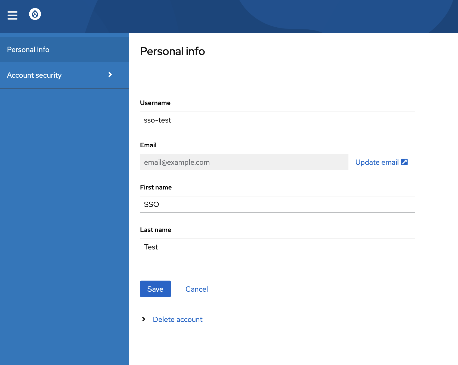 The account console has options for updating email, password, first and last name, and two factor settings.