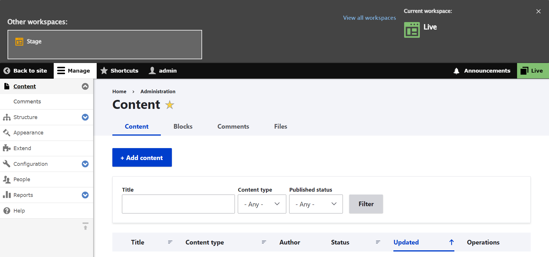 The expanded top panel for Workspaces.