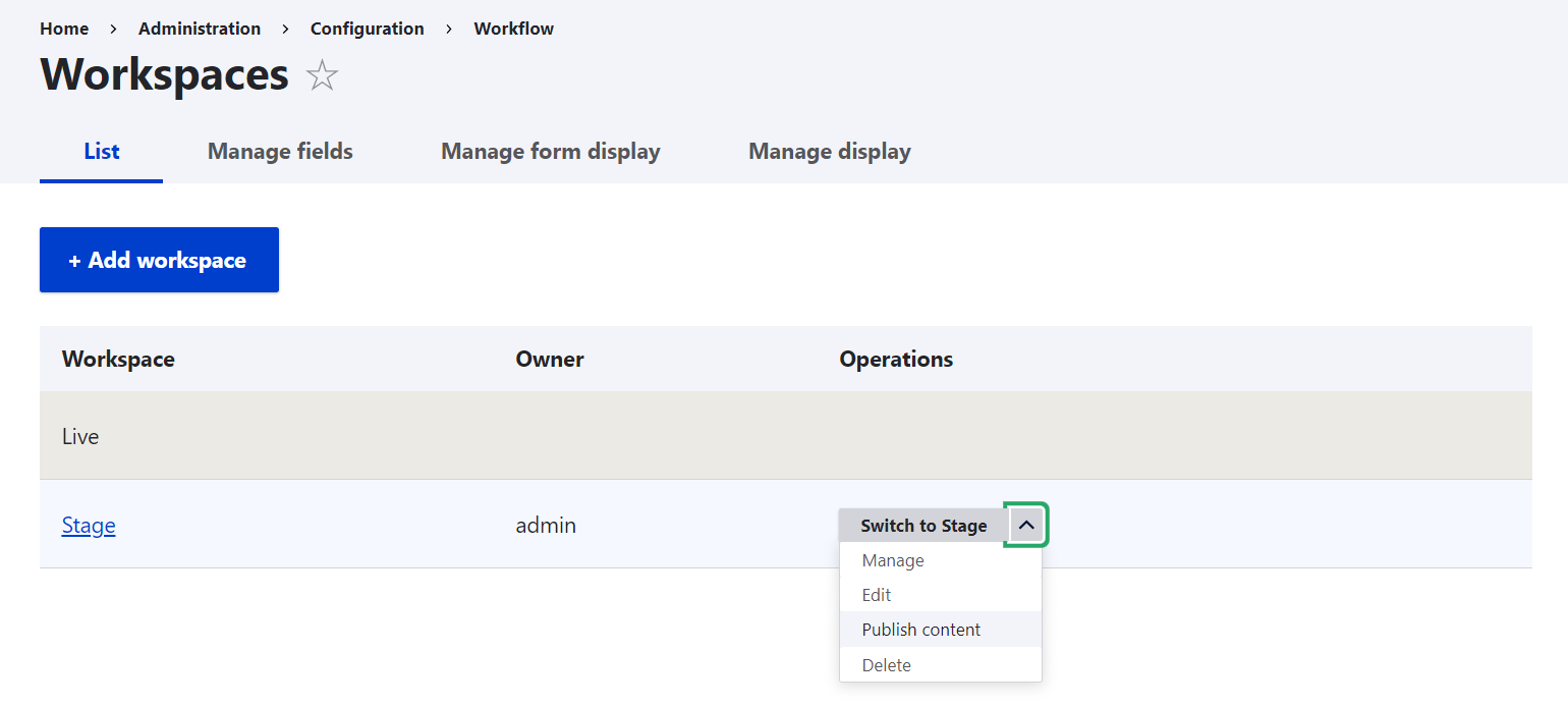 The operations dropdown for each workspace.