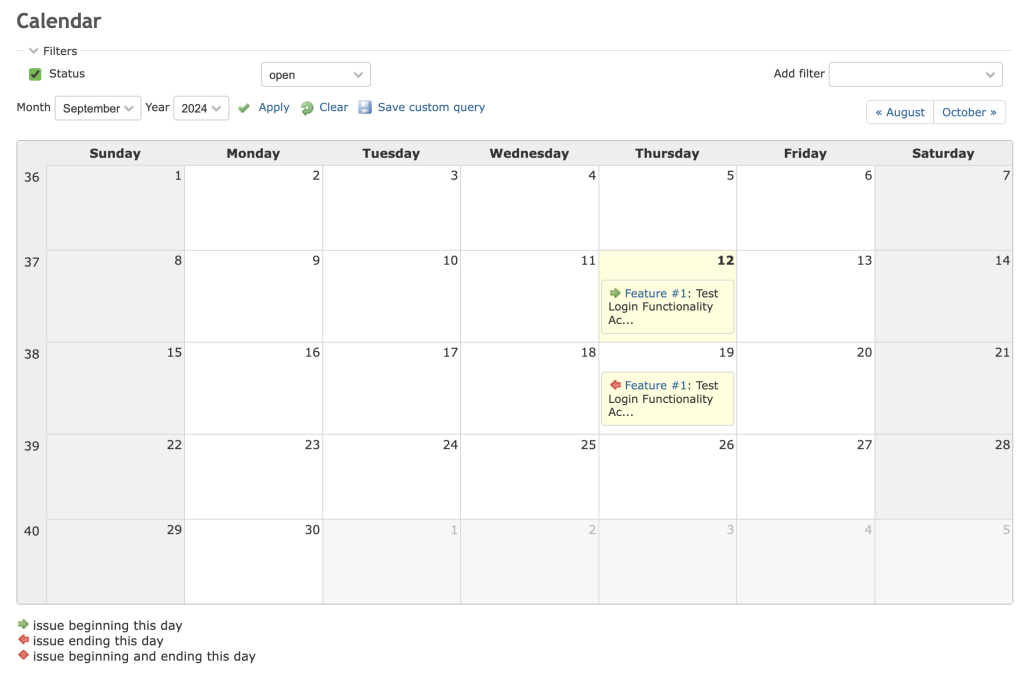 The Calendar page in Redmine