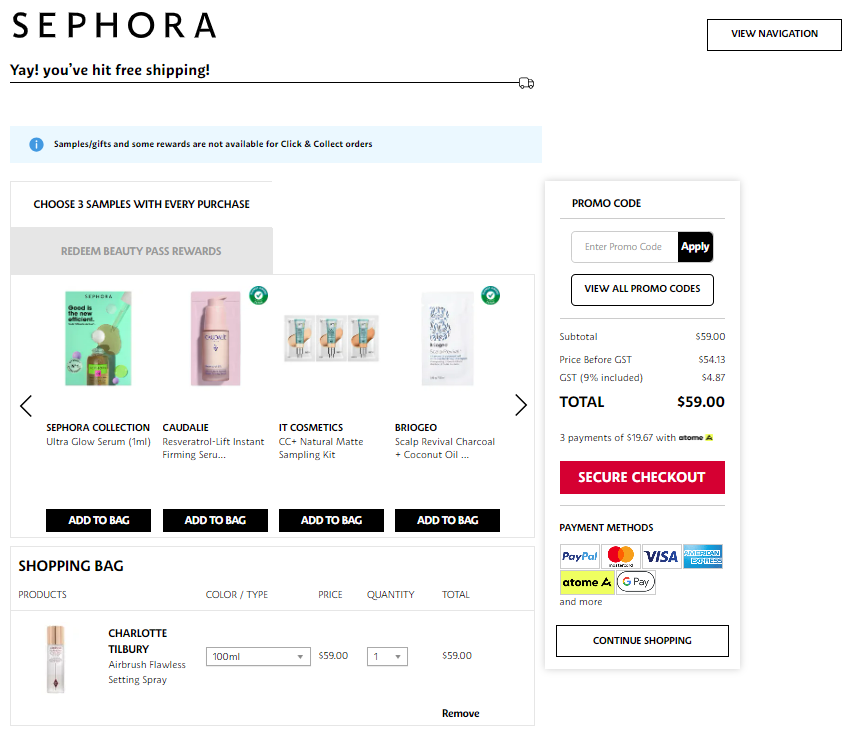 The Sephora Singapore's checkout page examples