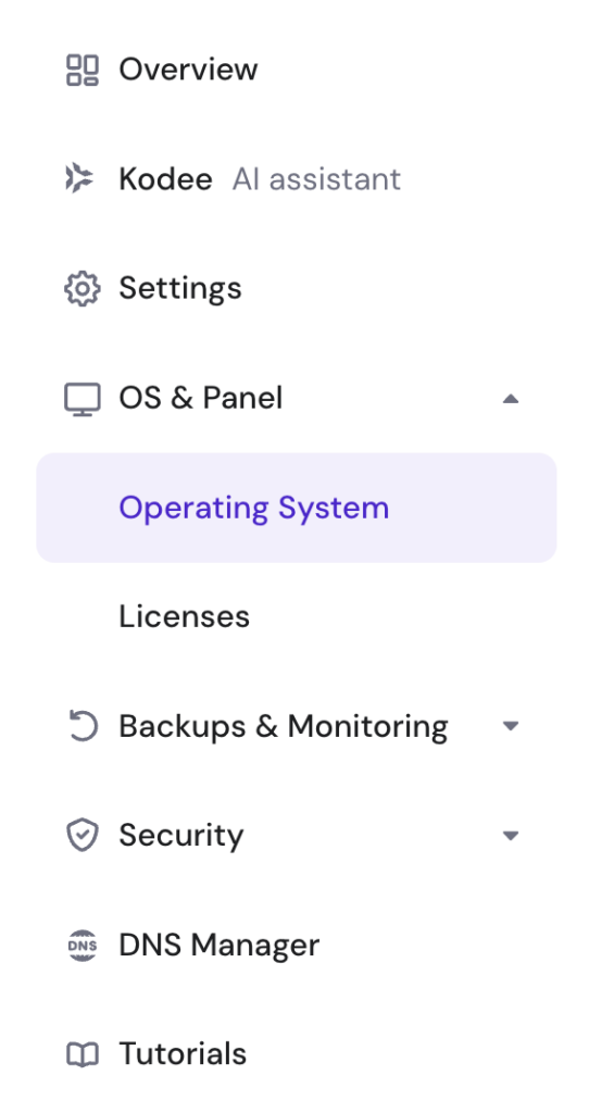 The Operating System menu in VPS dashboard's left sidebar of hPanel