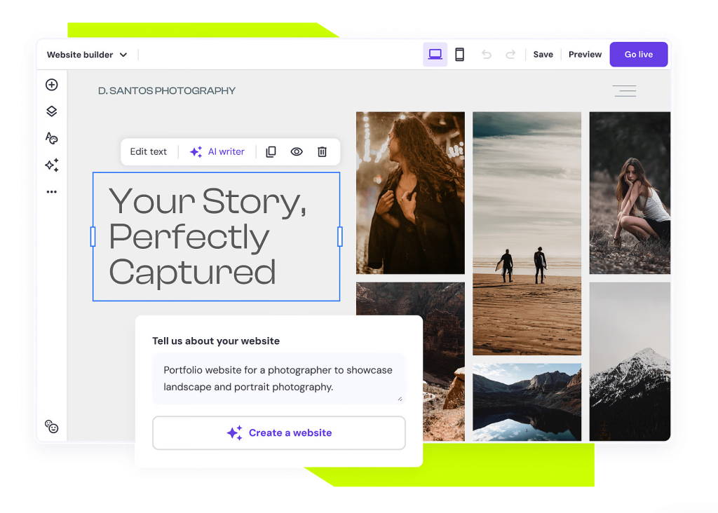 Mockup of Hostinger Website Builder editor for a photography website