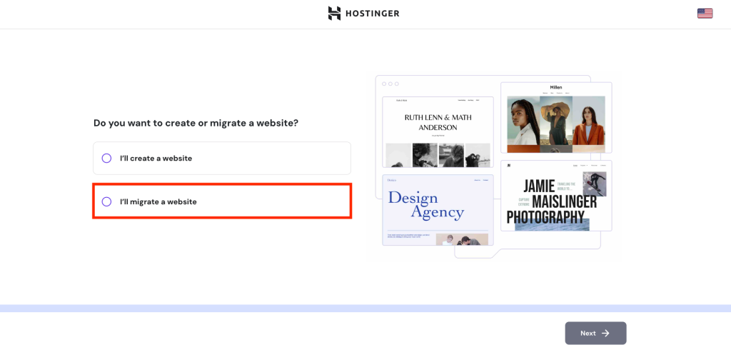 Hostinger onboarding process with the option to migrate an existing website