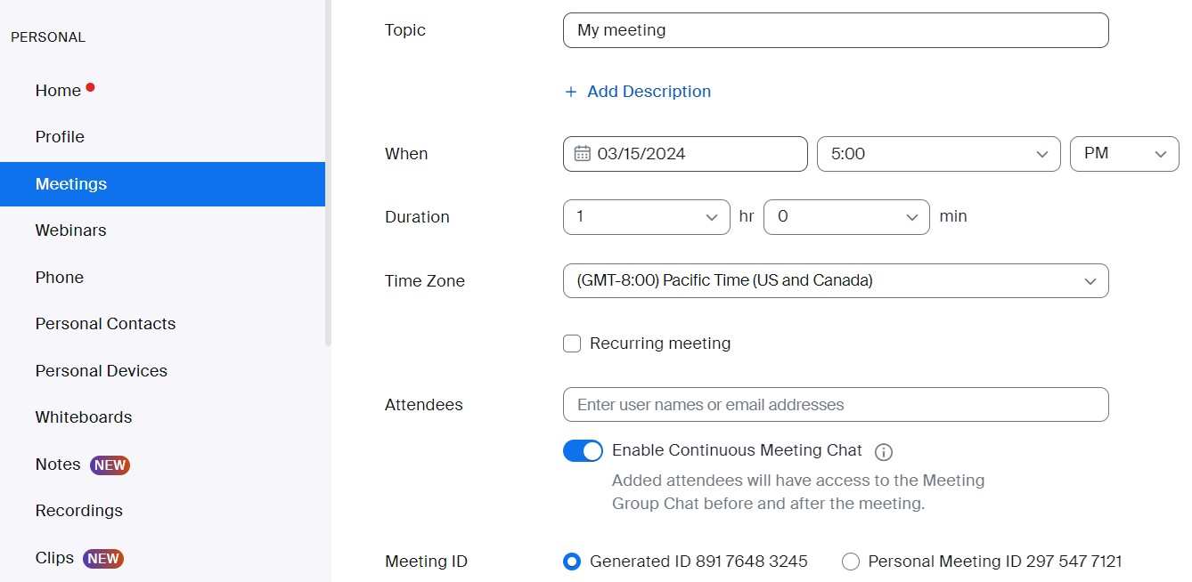 Scheduling new Zoom meetings.