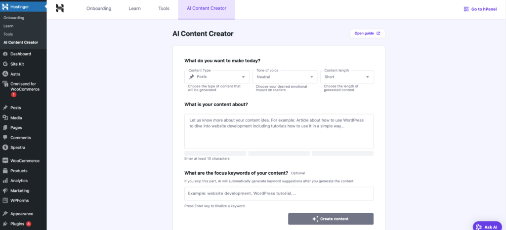 Hostinger AI Content Creator in WordPress