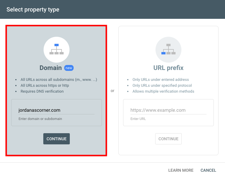 Selecting property type in Google Search Console
