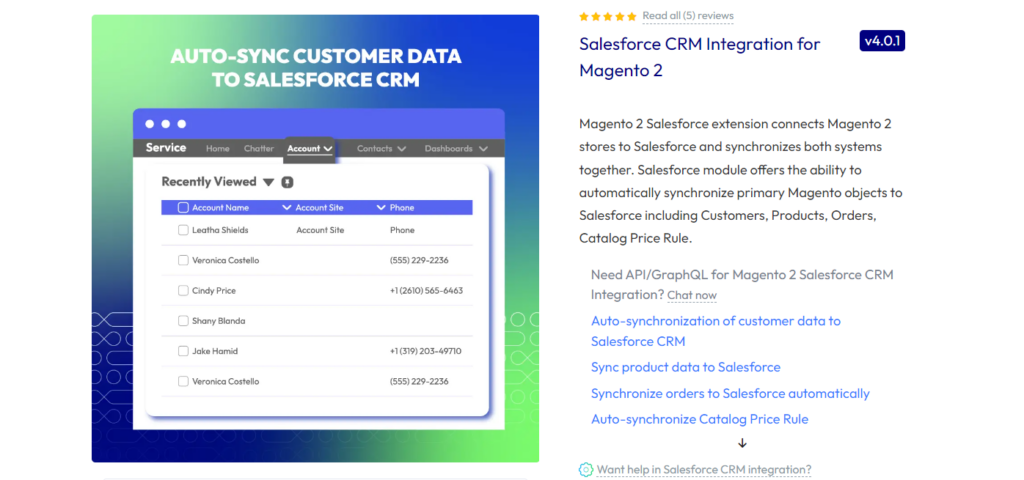 Screenshot of Salesforce CRM integration by Mageplaza showing the product overview
