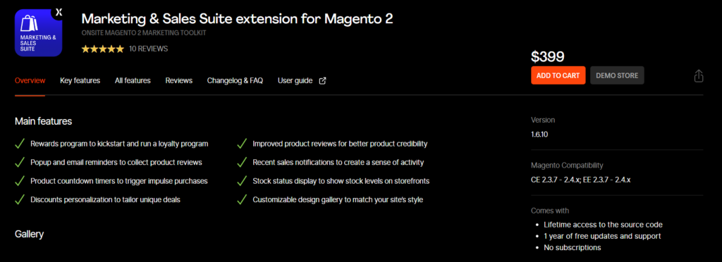 Mageworx's marketing and sales suite extension product page showing the main features, price and compatibility specifications
