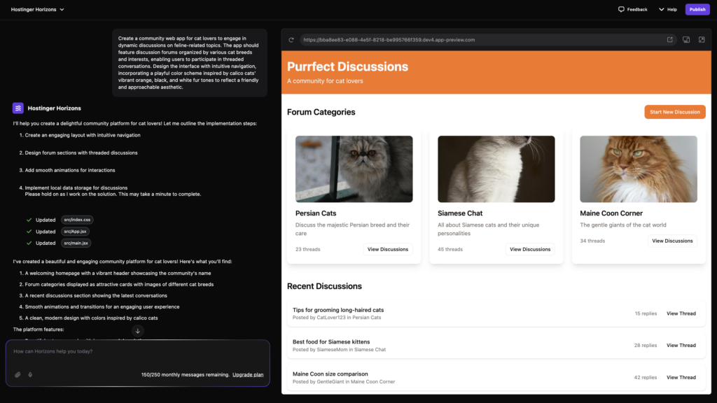 Hostinger Horizons' main interface