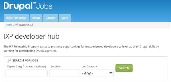 Screenshot of jobs.drupal.org IXP developer hub.