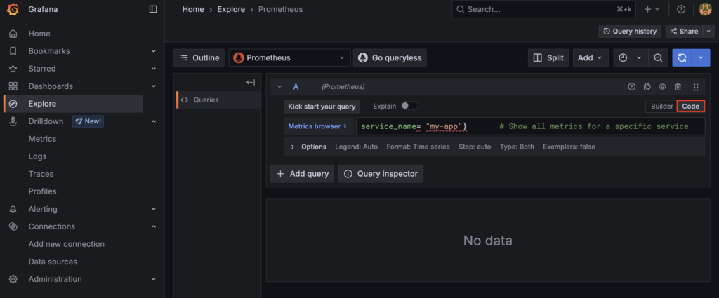 The Explore section for Prometheus in Grafana