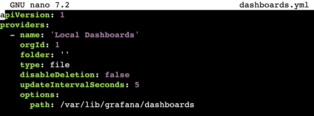 The Grafana dashboard providers file's content