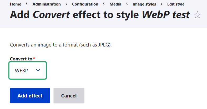 Setting up image conversion to the WebP format in Drupal core’s Image Styles