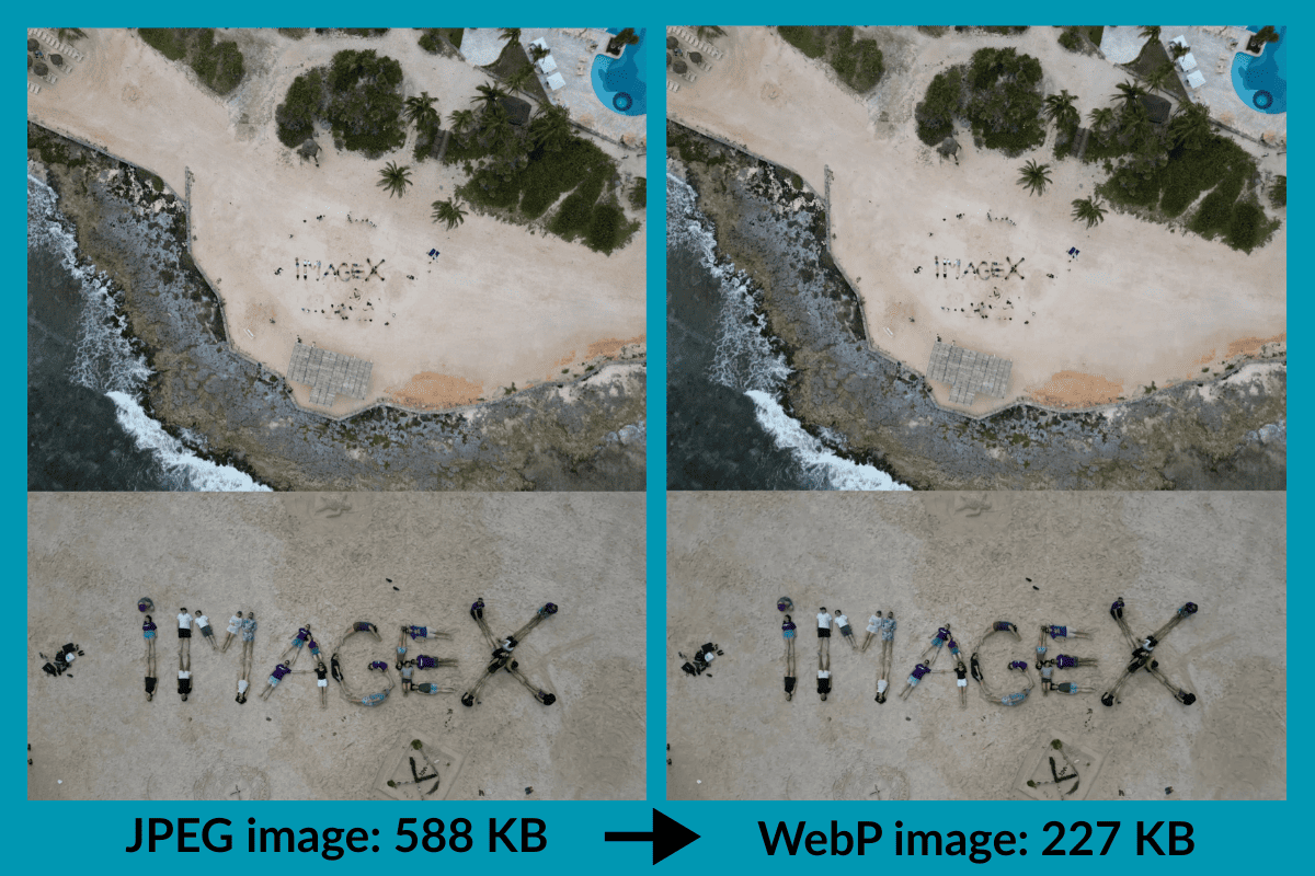 Size comparison for an image converted from JPEG to WebP via Drupal core’s Image Styles