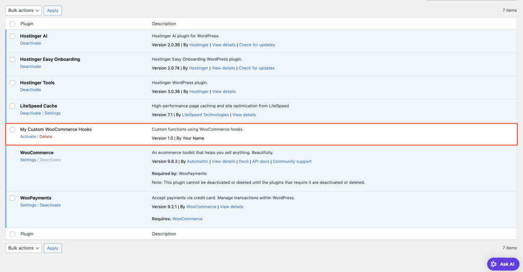 The custom WooCommerce hooks plugin displayed in WordPress dashboard