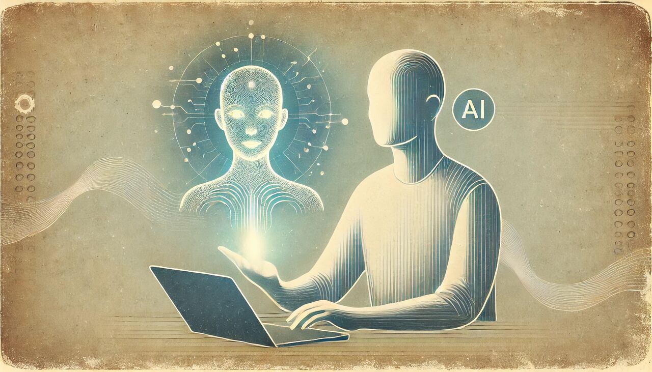 Collaborating with an AI agent A person works on a laptop as a hologram of an AI agent hovers beside them.
