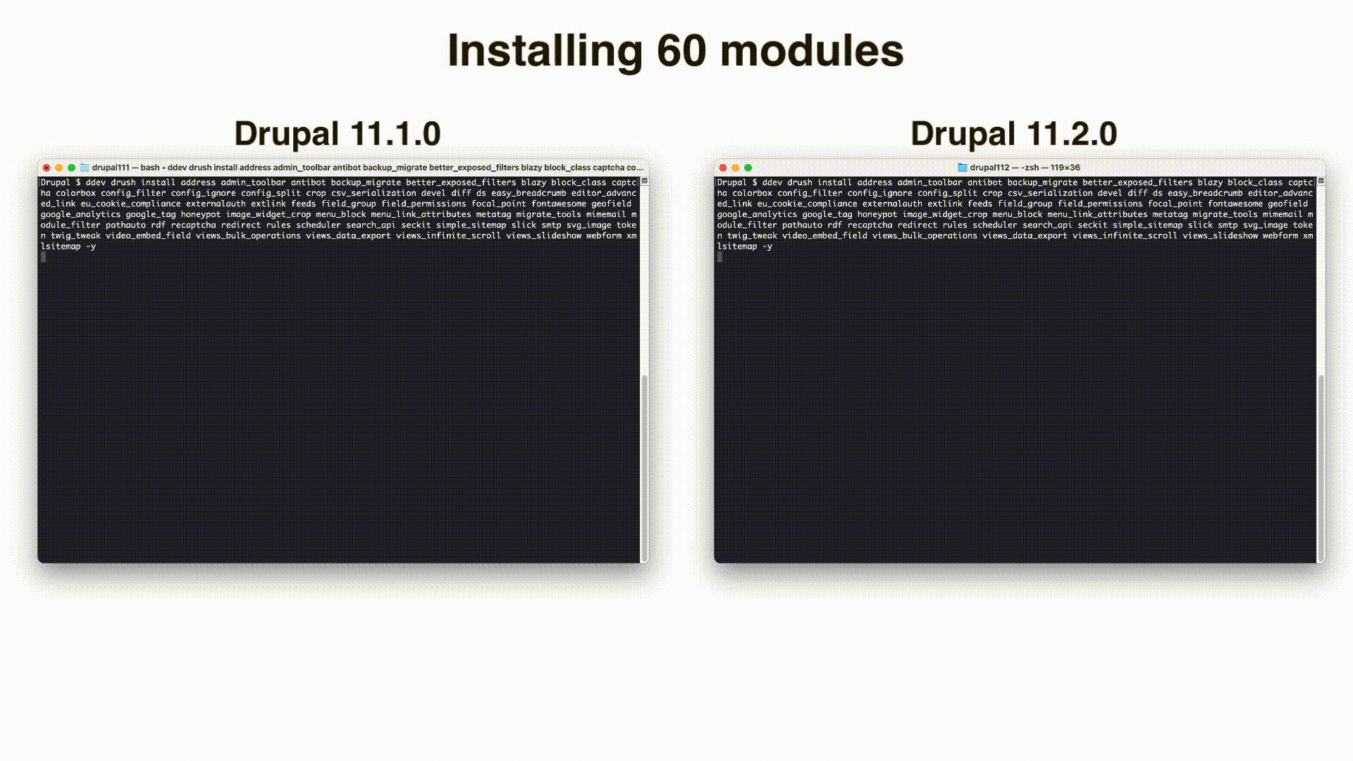 GIF animation of installing 60 modules in Drupal 11.1 and 11.2