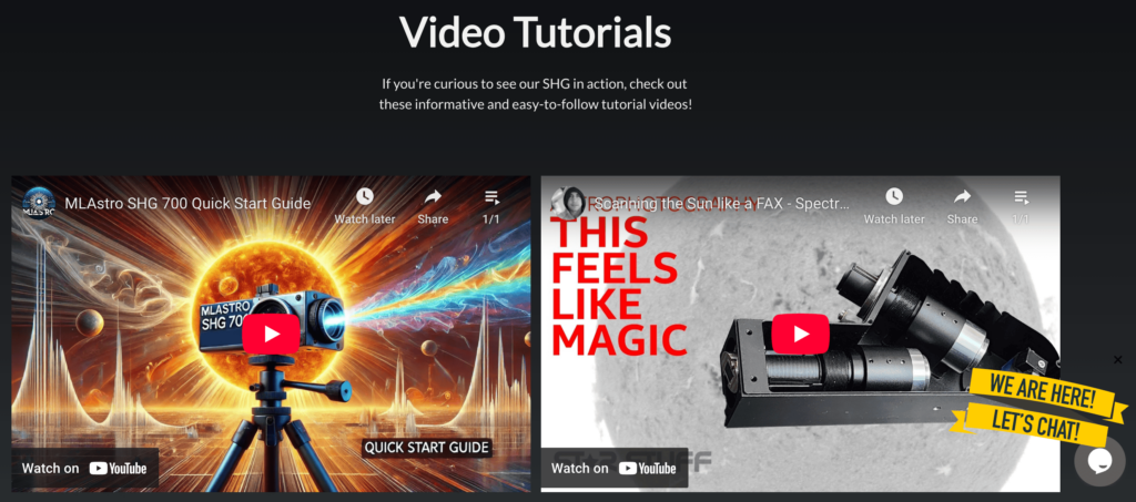Homepage of MLAstro showing video tutorials
