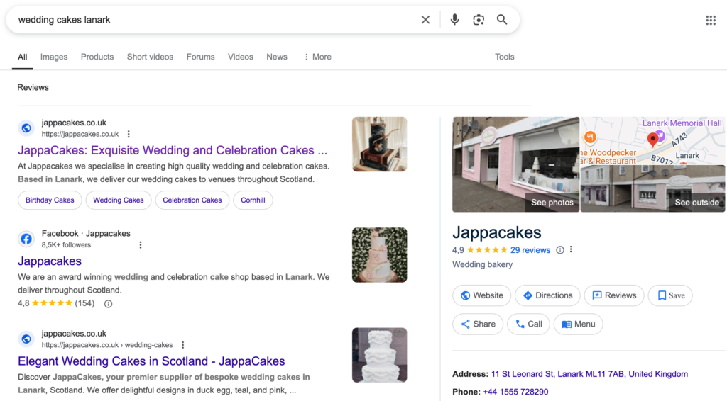 SEO results for "wedding cakes lanark"