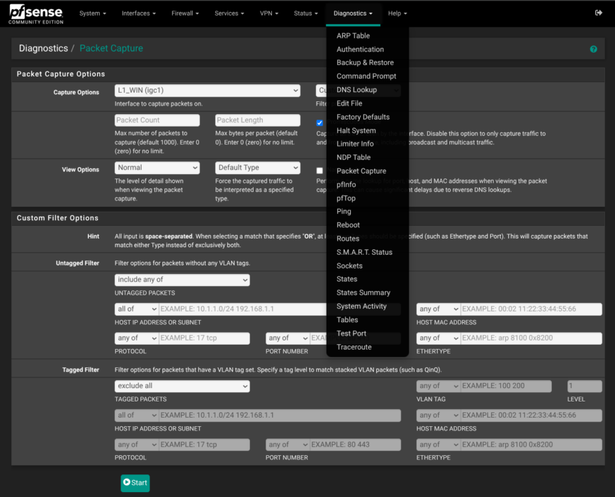 pfSense  Diagnostics  Packet Capture