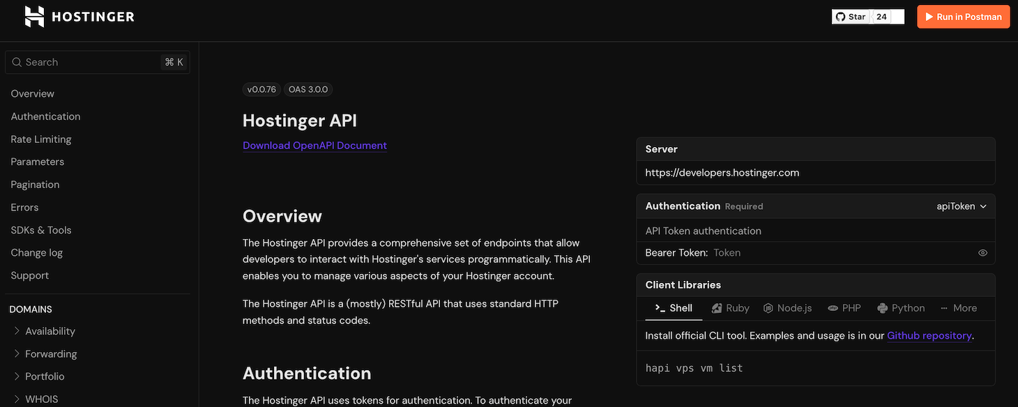 Hostinger API documentation page