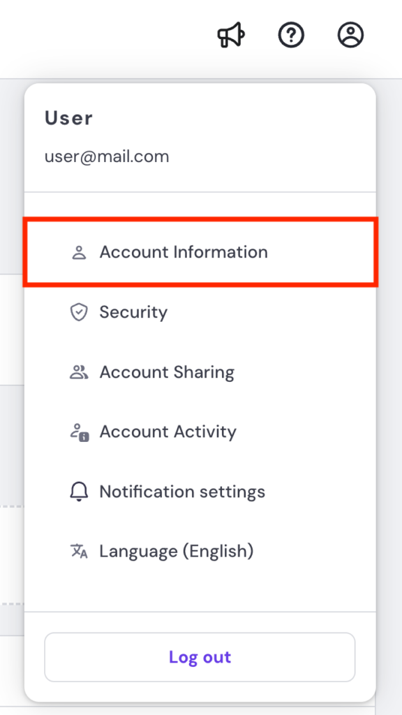 hPanel's account drop-down menu with the Account Information button highlighted