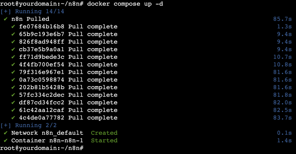 A terminal output shows a successful Docker container creation process