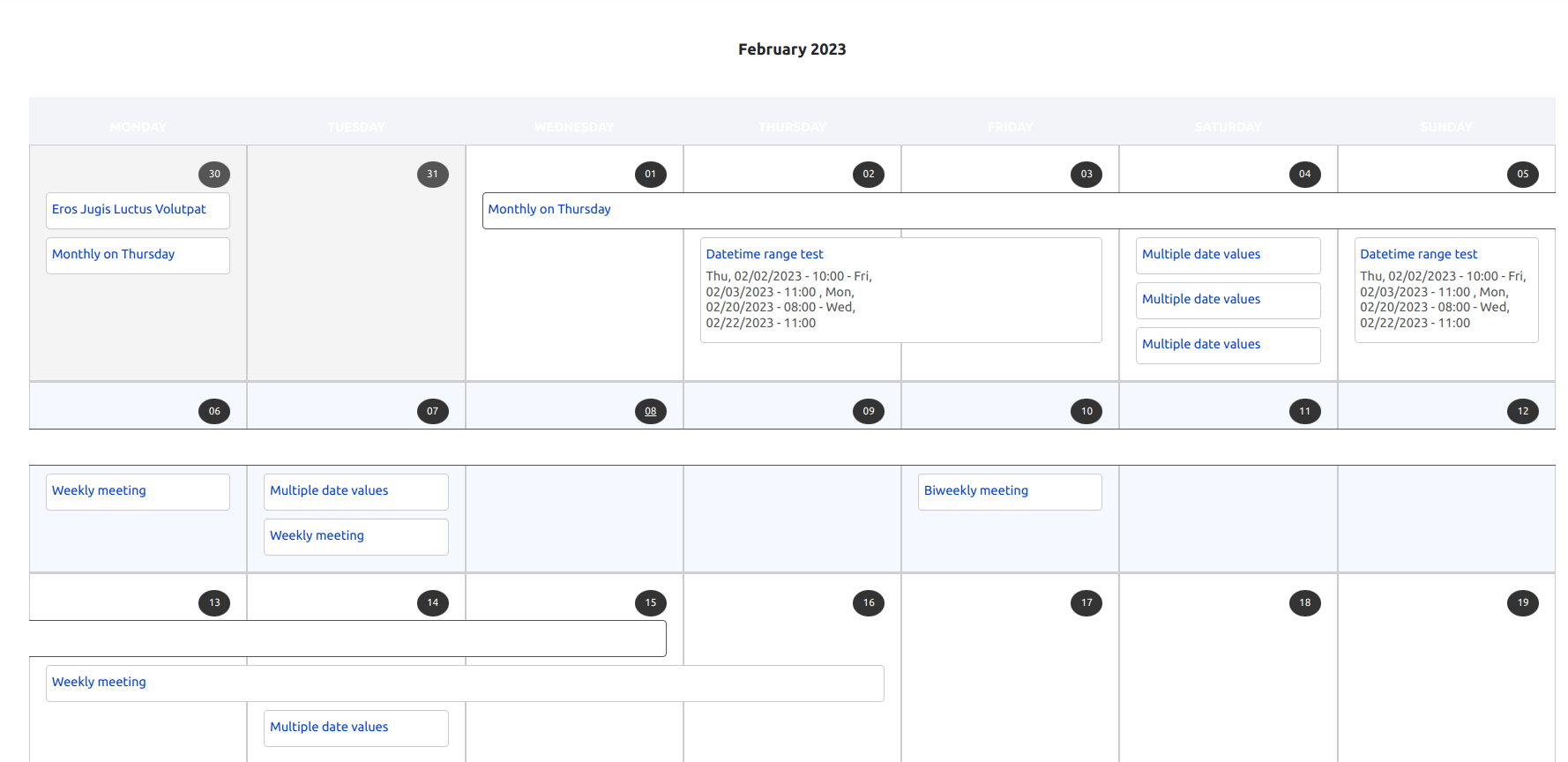 A calendar example created with the Calendar View module