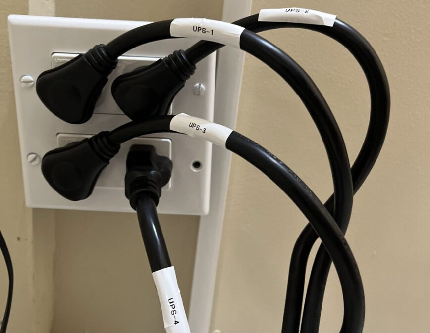 Office Network Rack: Each UPS is plugged into a 4-port outlet on a 20A circuit.