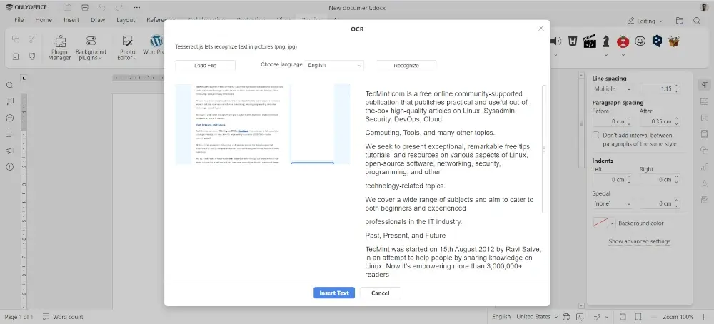 ONLYOFFICE's OCR Plugin
