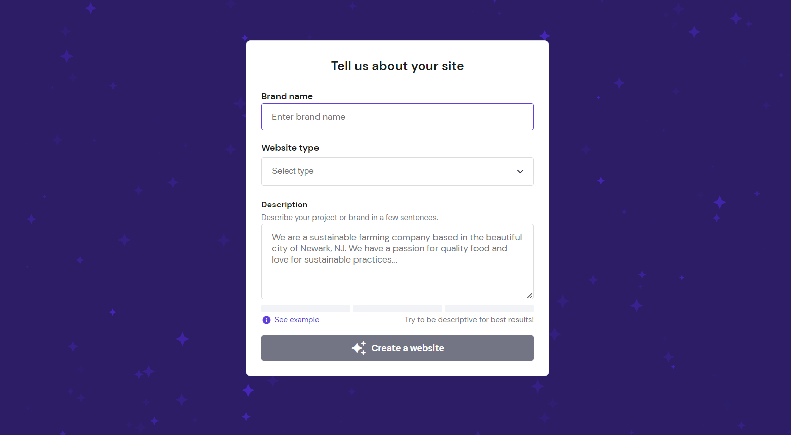 Hostinger AI Website Builder interface to insert the prompt for the AI