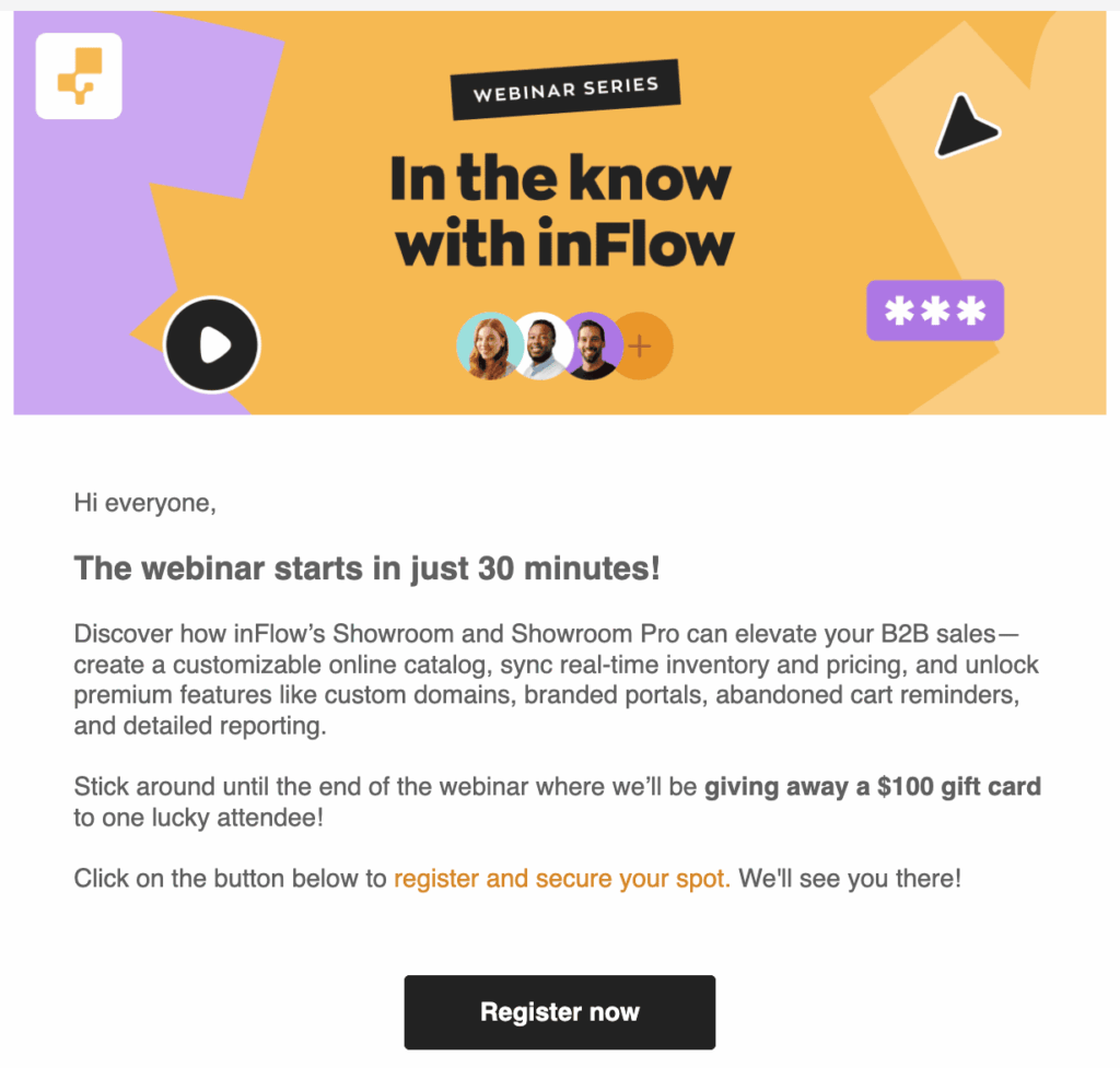 inFlow email marketing campaign showing details for their webinar