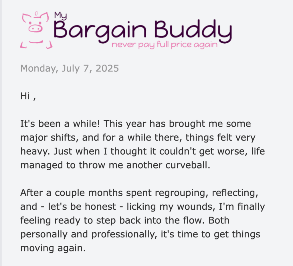My Bargain Buddy email marketing campaign showing opening letter