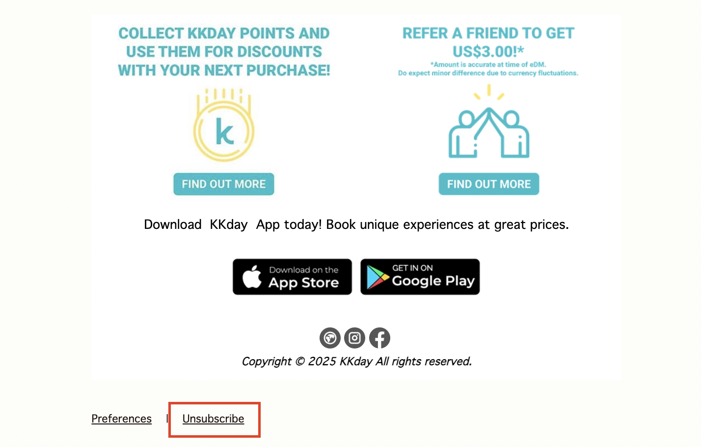 The Unsubscribe button on KKday's newsletter